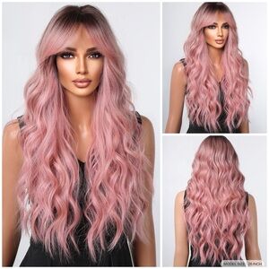 🆕 28 inch Pink Ombre Long Wavy Curly Hair Wig Bangs Synthetic Fibres 28”